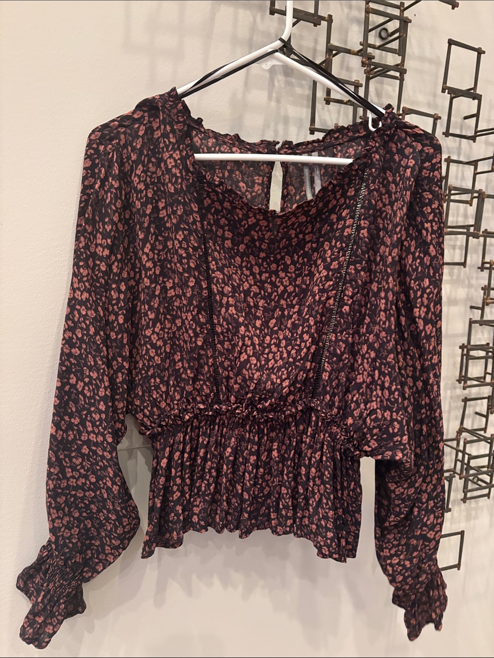 Women's Black and Pink Floral Peplum Long-Sleeve Top